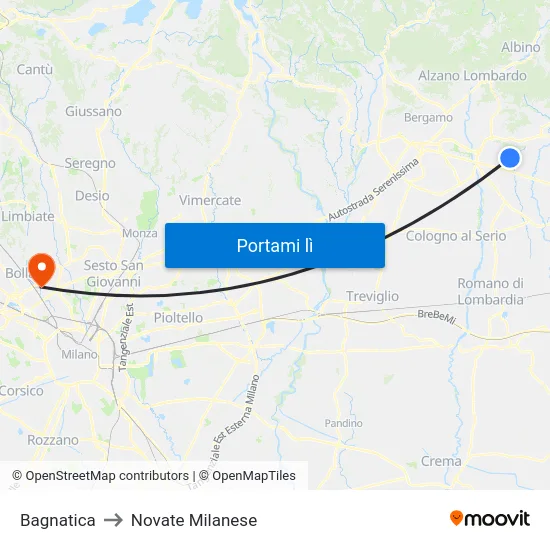 Bagnatica to Novate Milanese map