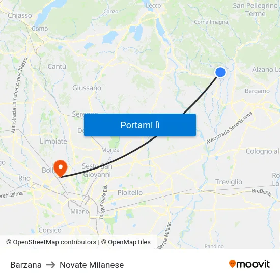 Barzana to Novate Milanese map