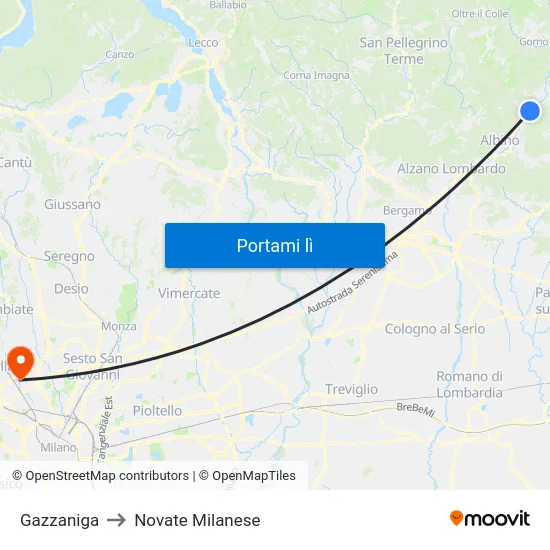 Gazzaniga to Novate Milanese map