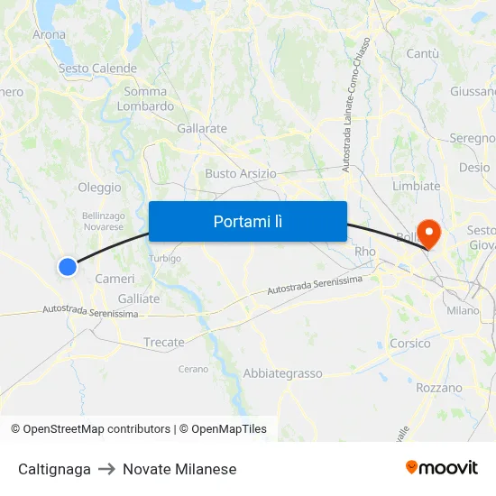 Caltignaga to Novate Milanese map