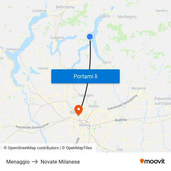 Menaggio to Novate Milanese map