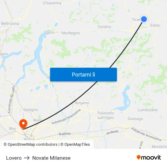 Lovero to Novate Milanese map