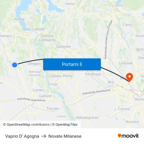 Vaprio D' Agogna to Novate Milanese map