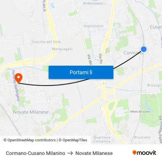 Cormano-Cusano Milanino to Novate Milanese map