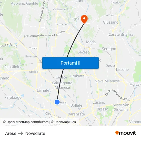 Arese to Novedrate map