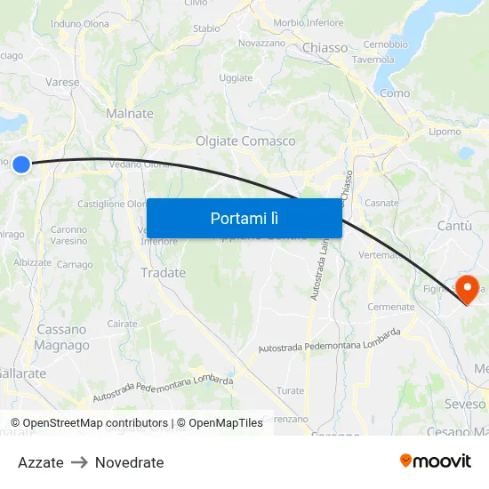 Azzate to Novedrate map