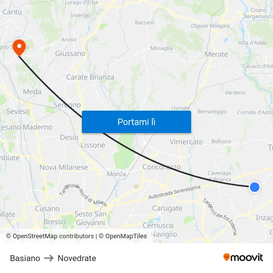 Basiano to Novedrate map