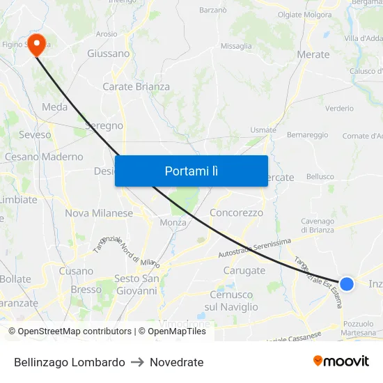 Bellinzago Lombardo to Novedrate map