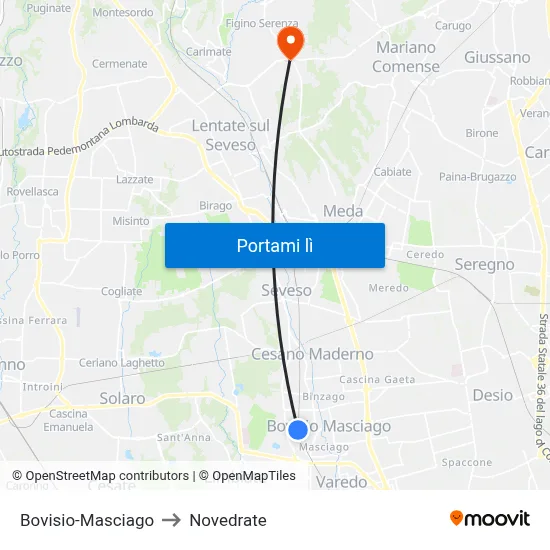 Bovisio-Masciago to Novedrate map