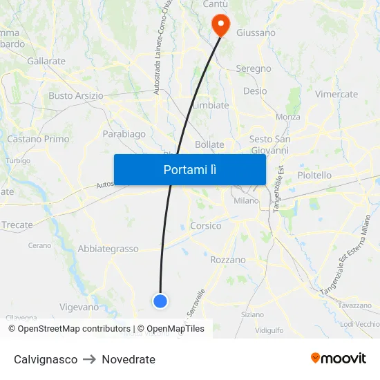 Calvignasco to Novedrate map