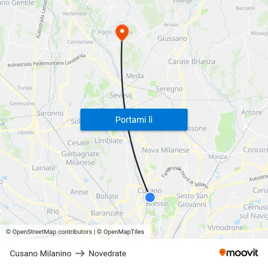 Cusano Milanino to Novedrate map