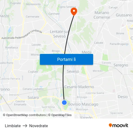 Limbiate to Novedrate map