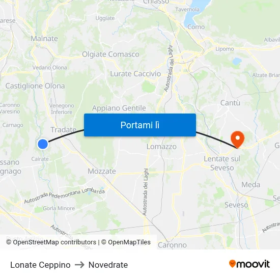 Lonate Ceppino to Novedrate map