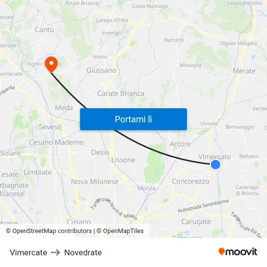Vimercate to Novedrate map