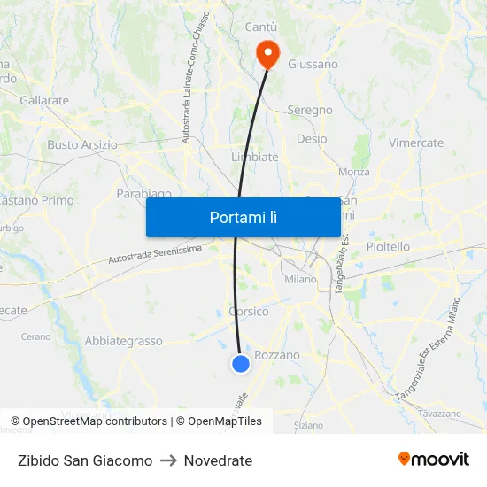 Zibido San Giacomo to Novedrate map