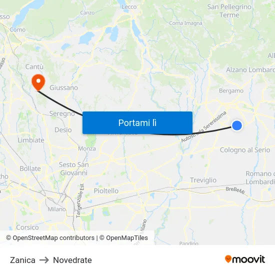 Zanica to Novedrate map