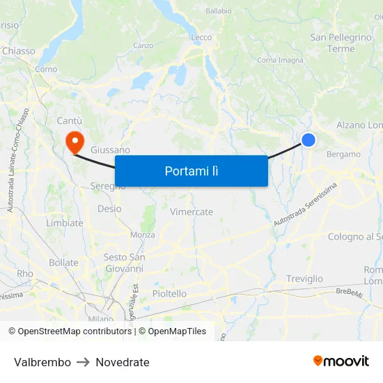 Valbrembo to Novedrate map