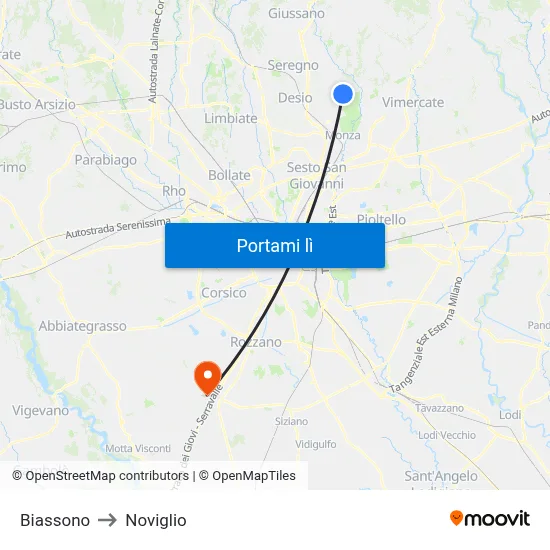 Biassono to Noviglio map