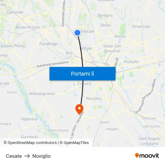 Cesate to Noviglio map