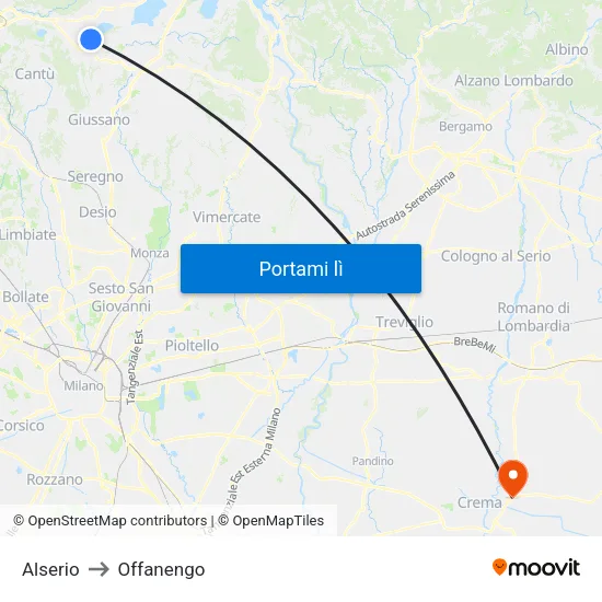 Alserio to Offanengo map