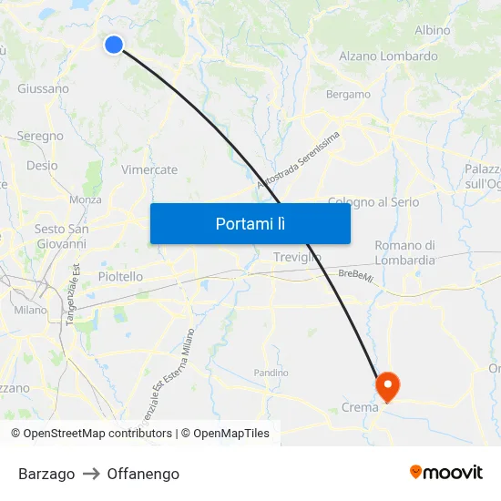 Barzago to Offanengo map