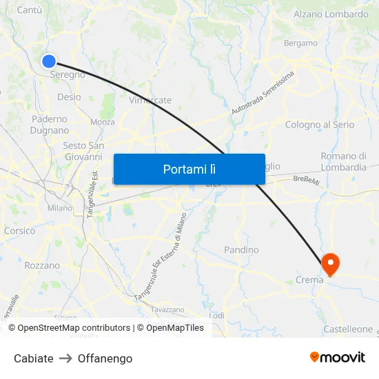Cabiate to Offanengo map