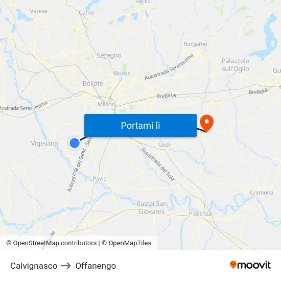 Calvignasco to Offanengo map