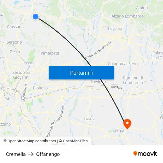 Cremella to Offanengo map
