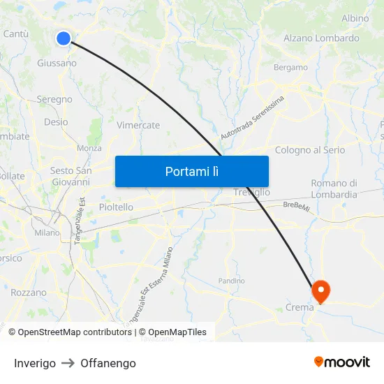Inverigo to Offanengo map