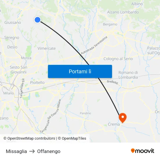 Missaglia to Offanengo map