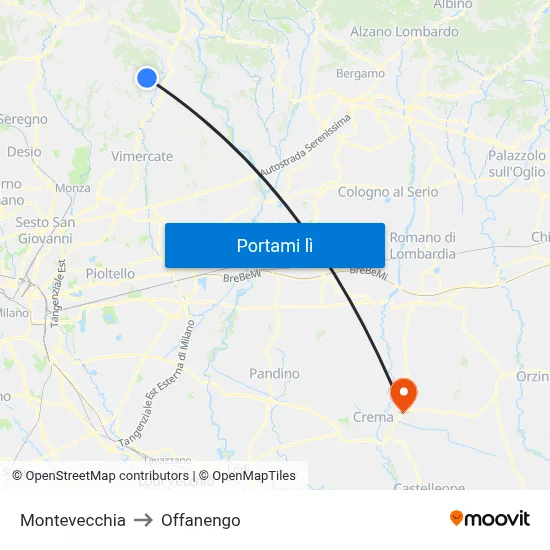 Montevecchia to Offanengo map