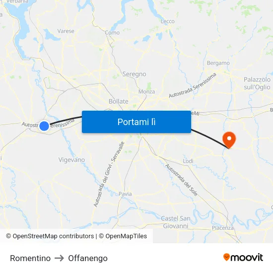 Romentino to Offanengo map