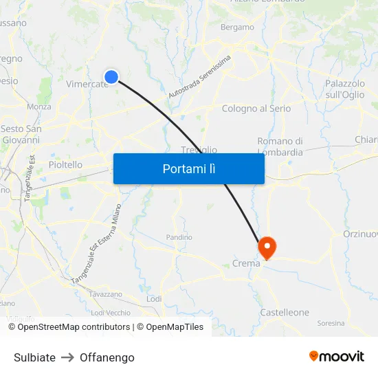 Sulbiate to Offanengo map