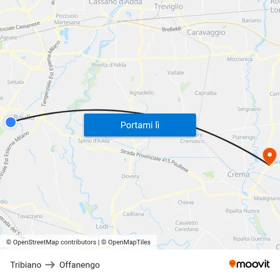 Tribiano to Offanengo map