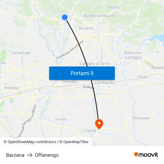 Barzana to Offanengo map