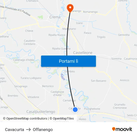 Cavacurta to Offanengo map