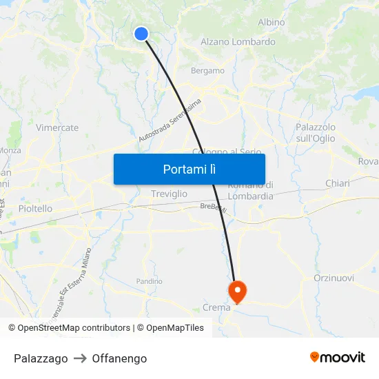 Palazzago to Offanengo map