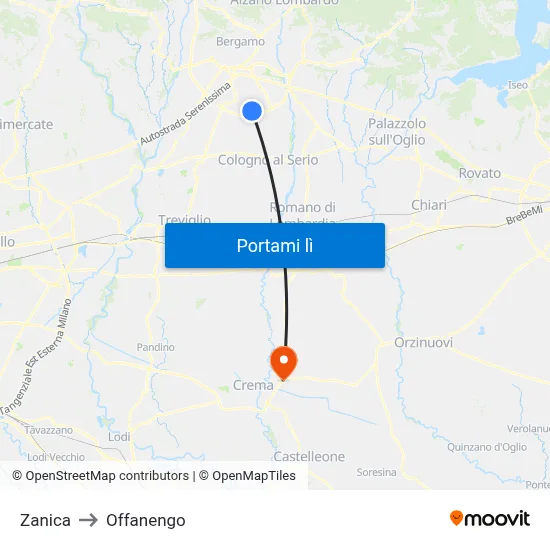 Zanica to Offanengo map