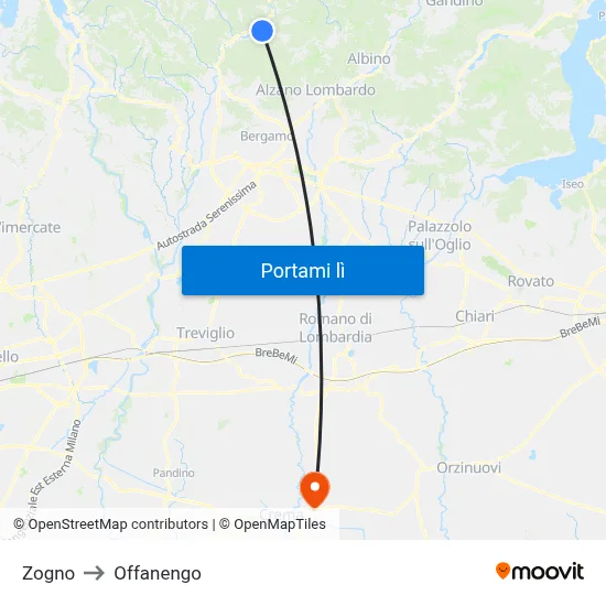 Zogno to Offanengo map