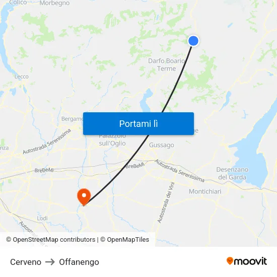 Cerveno to Offanengo map