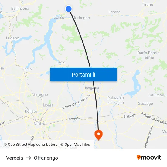 Verceia to Offanengo map