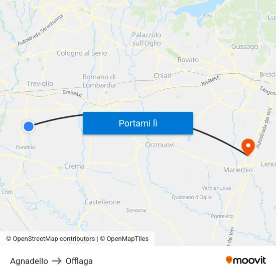Agnadello to Offlaga map