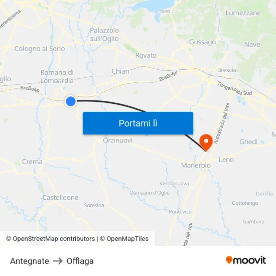 Antegnate to Offlaga map