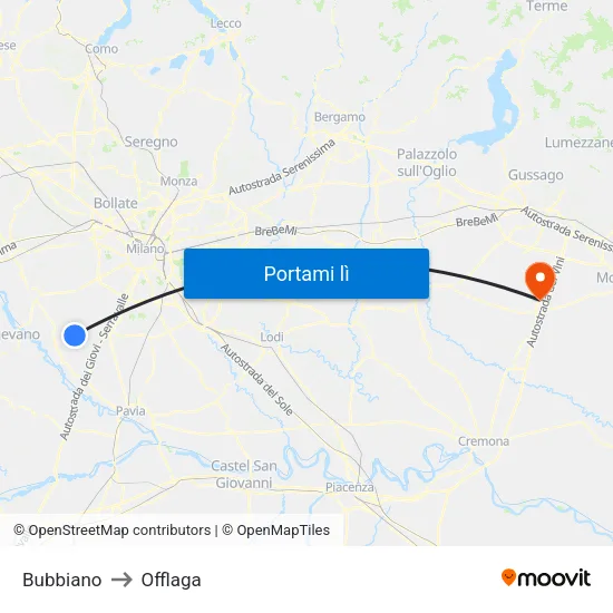 Bubbiano to Offlaga map