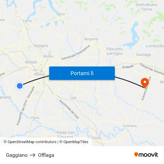 Gaggiano to Offlaga map