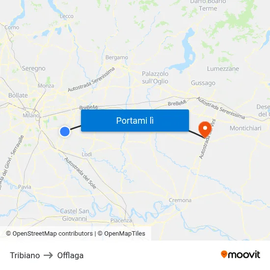 Tribiano to Offlaga map