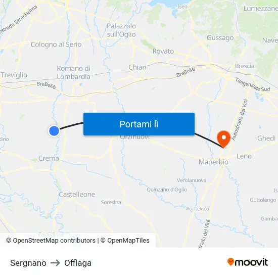 Sergnano to Offlaga map