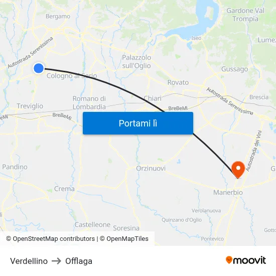Verdellino to Offlaga map