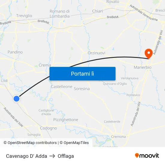 Cavenago D' Adda to Offlaga map