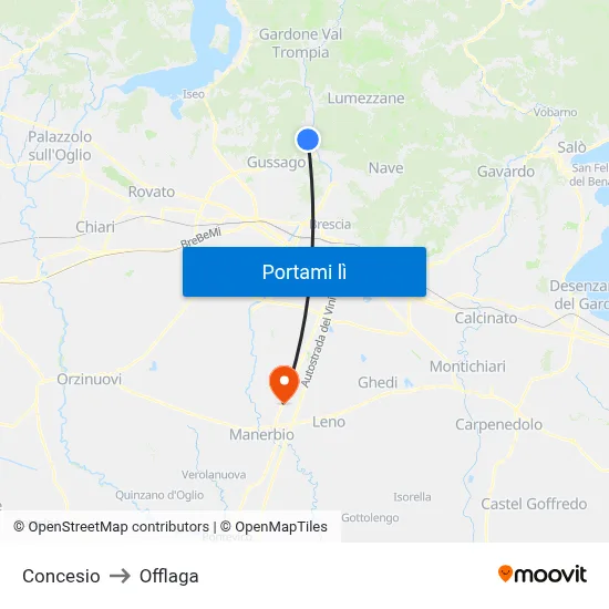 Concesio to Offlaga map